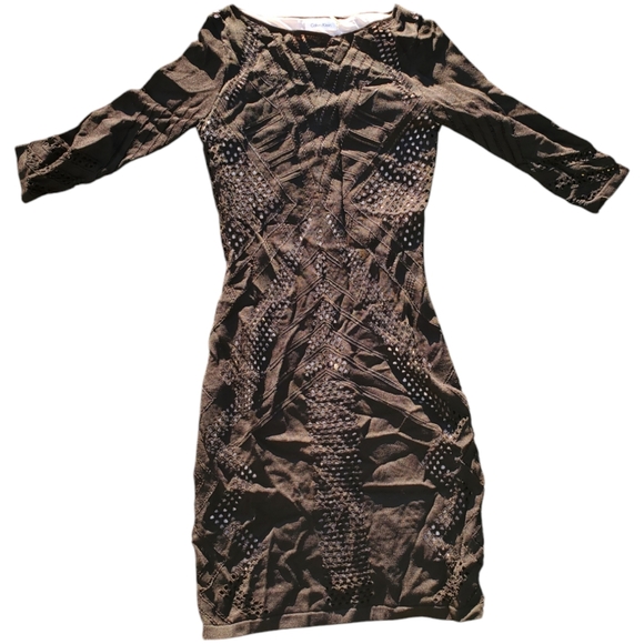 Calvin Klein Laser Cut Embroidered Bodycon Stretch Lined Boat Neck Dress Small - Picture 2 of 10